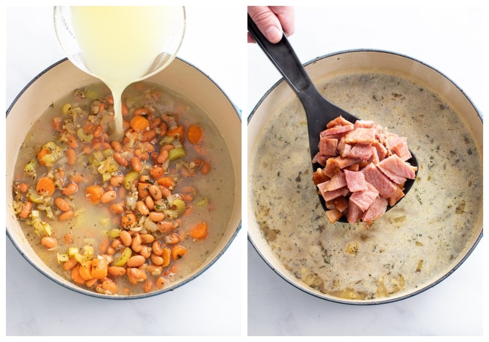 Adding broth and ham to a soup pot to make ham soup.