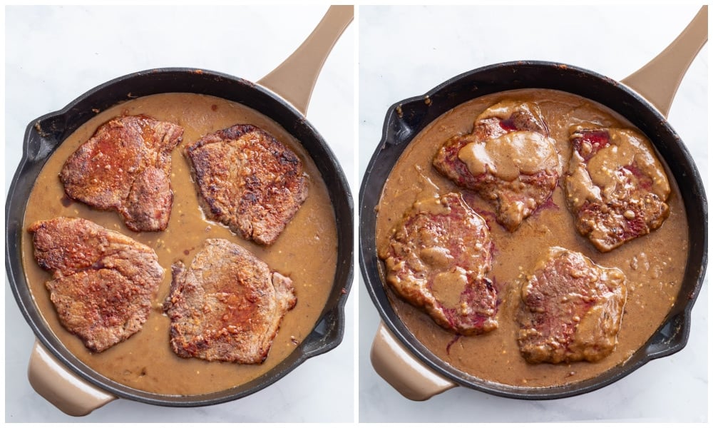 Steak in a skillet with gravy before and after being simmered.
