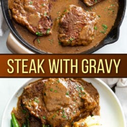 A collage of Steak with Gravy in a skillet and on a white plate.