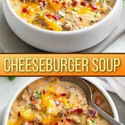 A collage of Cheeseburger Soup in a white bowl with bacon on top.