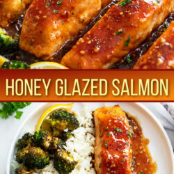 A collage of Honey Glazed Salmon in a skillet and on a plate.