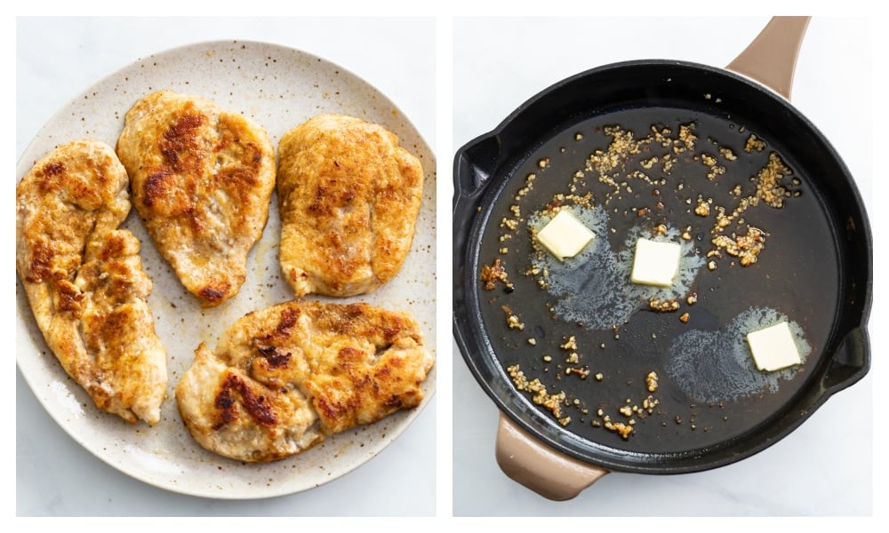 A plate of cooked chicken next to a skillet of garlic and butter.