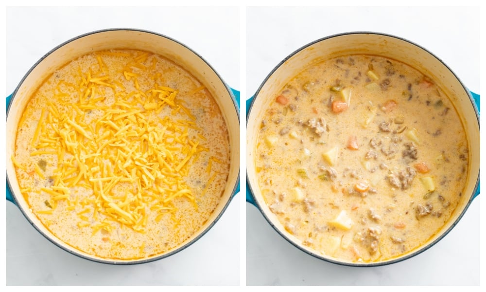 Adding shredded cheese to a pot of Cheeseburger Soup.
