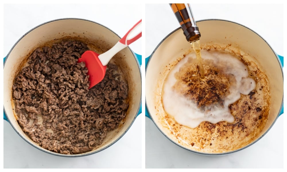 A pot of ground beef next to a pot being deglazed with beer.