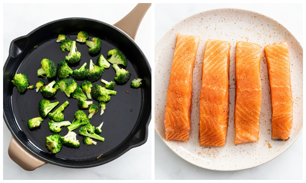 A skillet of broccoli next to a plate with uncooked salmon filets.