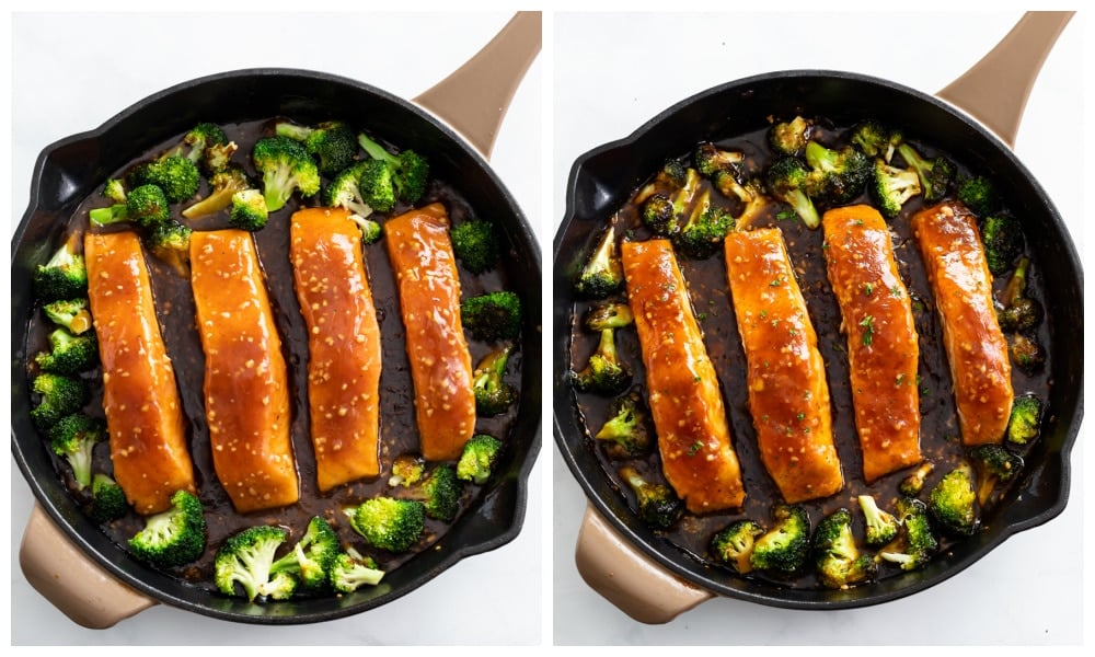 A skillet with Honey Glazed Salmon with Broccoli before and after baking.