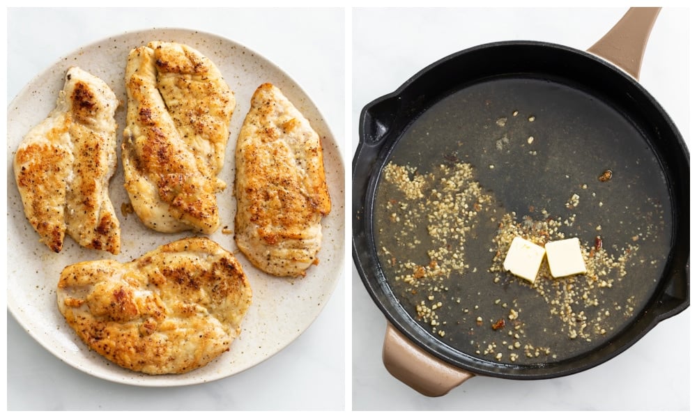 Cooked chicken on a plate next to a skillet with melted butter, garlic, and wine.