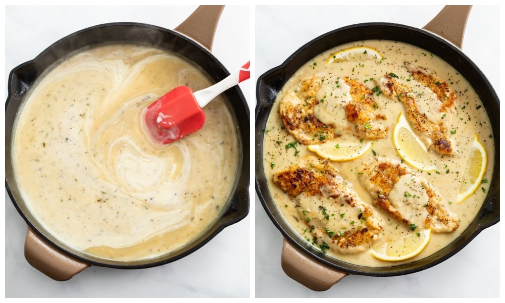 Adding cream and chicken to a skillet of Lemon Pepper Chicken Sauce.