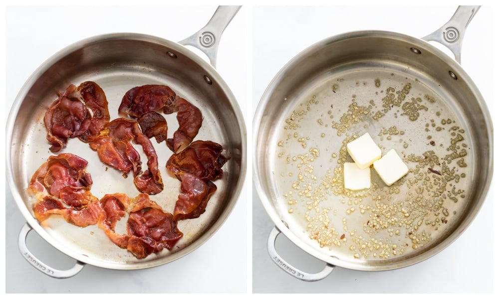 Prosciutto in a skillet next to a skillet with butter and garlic.