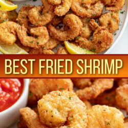 A collage of Fried Shrimp and lemon slices on a plate with chopped parsley.