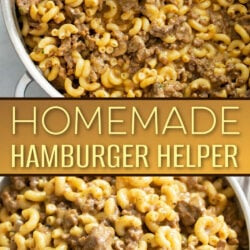 A collage of Hamburger Helper in a skillet and in a bowl.