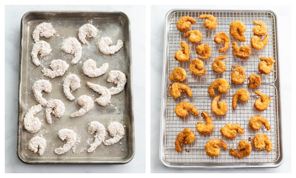 Breading Shrimp on a baking sheet before and after being fried.
