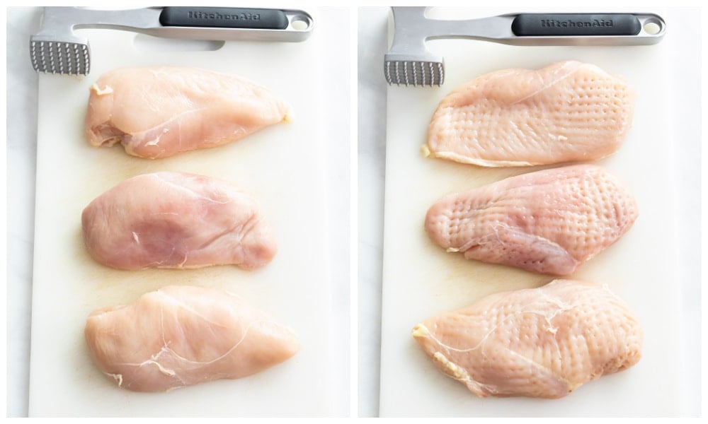 Chicken breast on a cutting board before and after being tenderized.