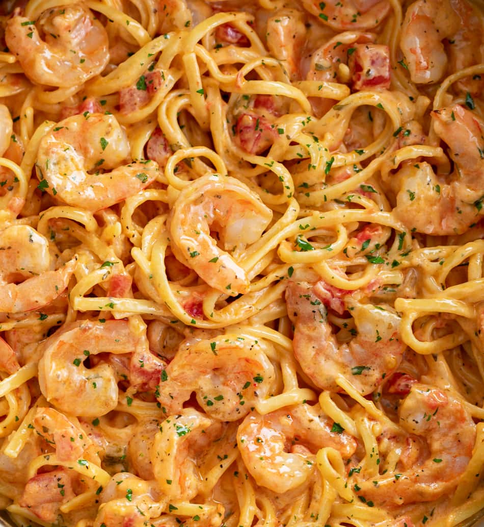Shrimp and Linguine in a creamy sauce with diced tomatoes.