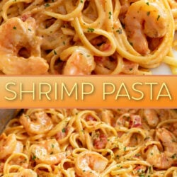 A collage of Shrimp Pasta in a skillet and on a plate.