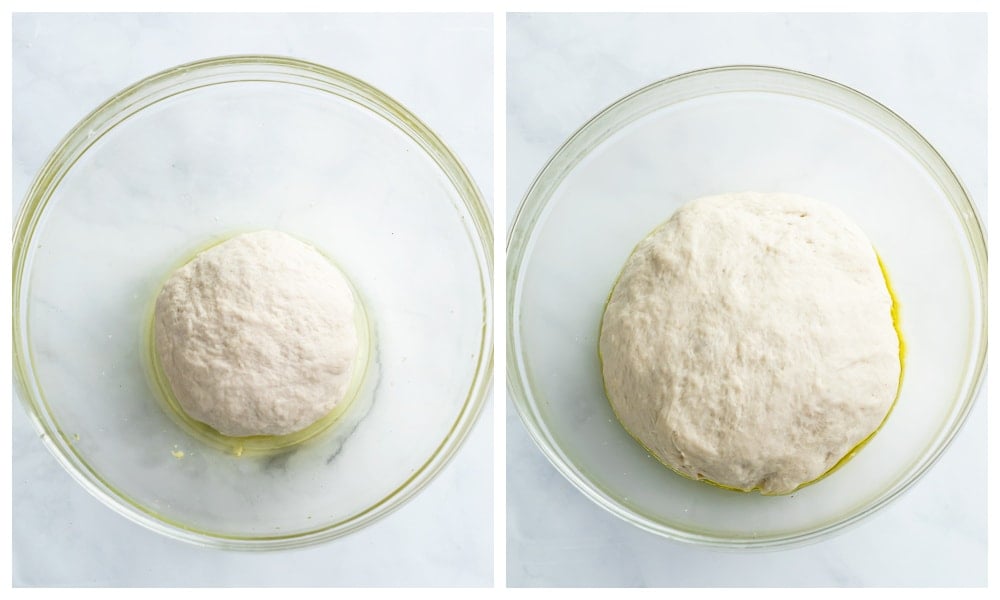 Homemade pizza dough in a bowl before and after rising.