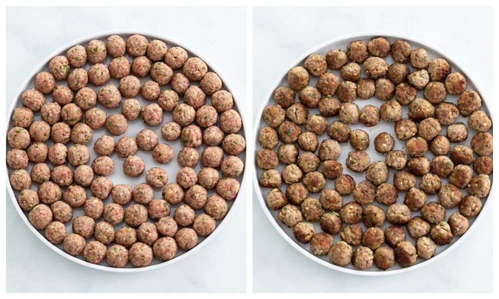 Mini Meatballs on a plate before and after browning.