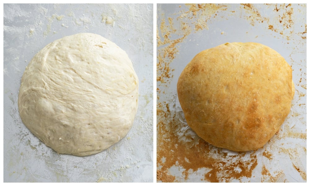 No Knead Bread on a baking sheet before and after baking.