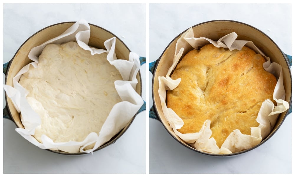 No Knead Bread in a Dutch oven before and after baking.