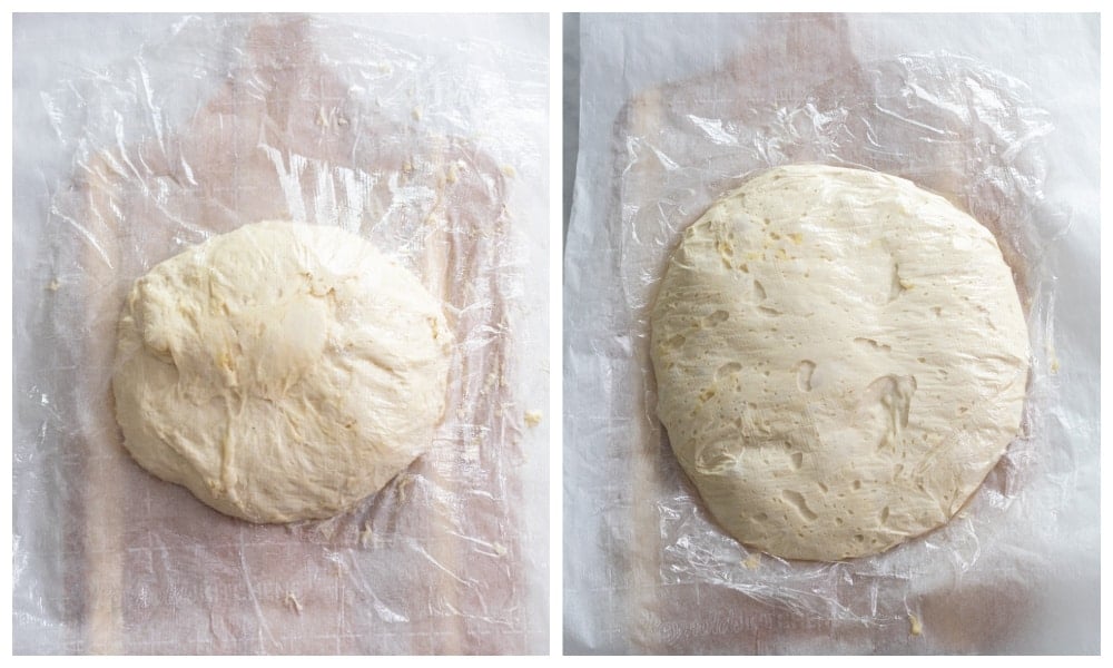 No Knead Bread on parchment paper before and after rising.