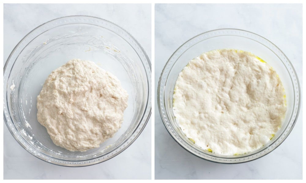 Dough for bread in a glass bowl before and after rising.