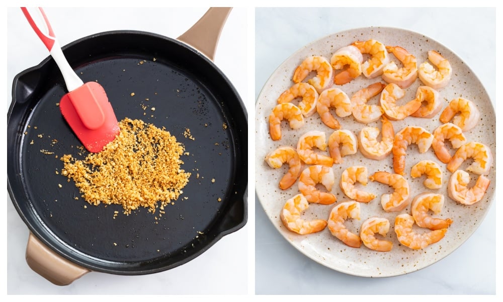 A skillet with crispy buttery panko breadcrumbs next to a plate of cooked shrimp.