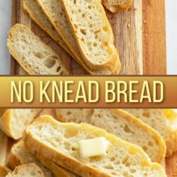 A collage of No Knead Bread cut into slices on a cutting board.
