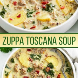 A collage of Zuppa Toscana Soup in a white bowl with bacon on top.