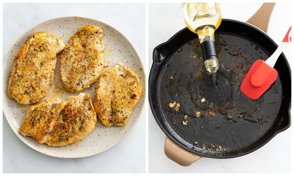 A plate of seared chicken breast next to a skillet being deglazed with white wine.