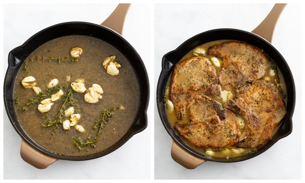 A skillet with pan sauce next to a skillet with Pan Fried Pork Chops with garlic and thyme.