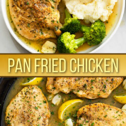 A collage of pan fried chicken in a pan sauce on a plate and in a skillet.