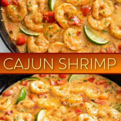 A collage of Cajun Shrimp in a skillet with sauce.