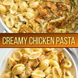 A collage of Creamy Chicken Pasta in a skillet and on a plate.