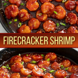 A collage of Firecracker Shrimp in a skillet with a sticky red sauce.