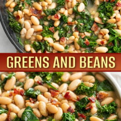 A collage of Greens and Beans in a skillet and in a white bowl.
