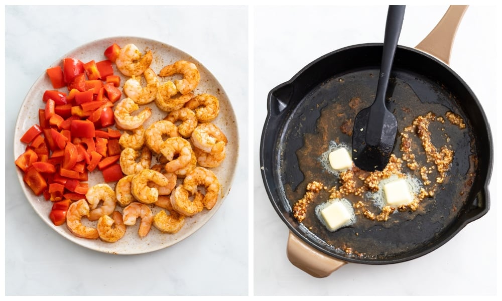 A plate of cooked shrimp and bell peppers next to a skillet of melted butter and garlic.
