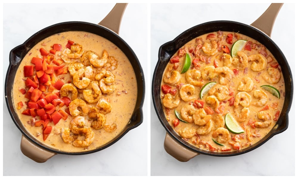 Adding cooked shrimp and bell peppers to a skillet with Cajun sauce.