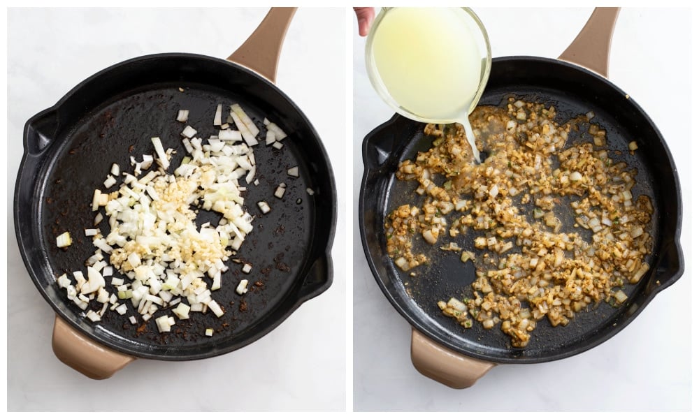 A skillet with diced onions and garlic before and after being cooked.