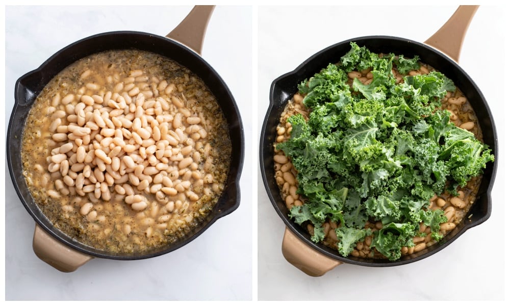 Adding white beans and kale to a skillet of greens and beans.