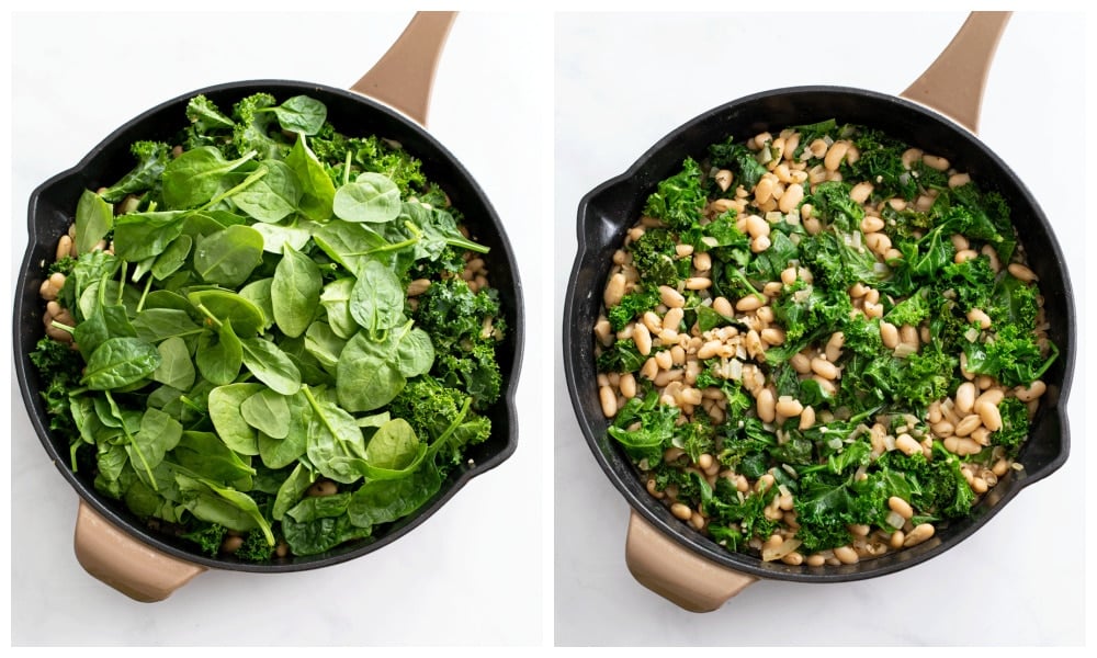 Adding spinach to a skillet of greens and beans.