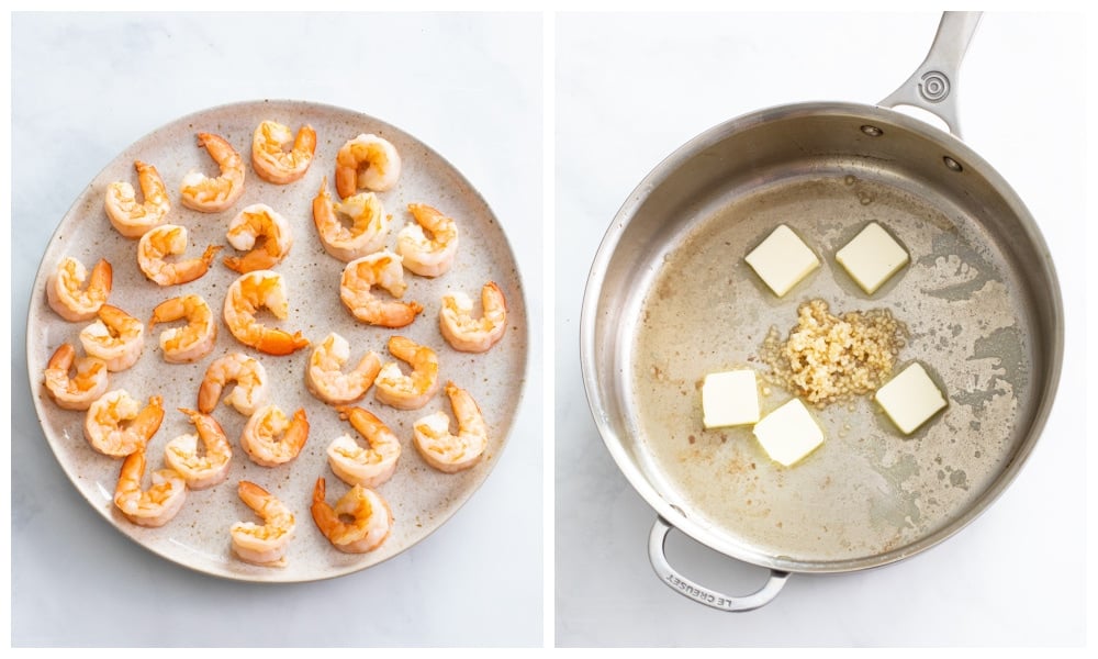 A plate of cooked shrimp next to a skillet of garlic and butter.