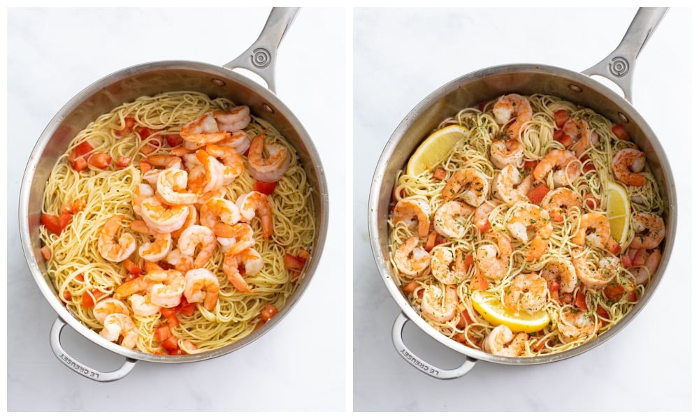 Adding Shrimp and tomatoes to angel hair pasta for Shrimp Scampi.