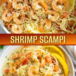 A collage of Shrimp Scampi in a skillet and on a plate.