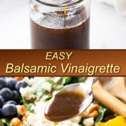 A collage of Balsamic Vinaigrette Dressing in a jar and drizzled on a salad.