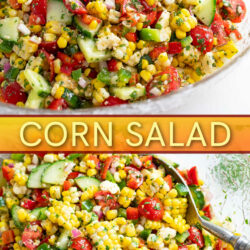 A collage of Corn Salad in a glass bowl with a spoon.