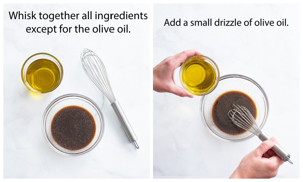 Making Balsamic Vinaigrette by adding olive oil to Balsamic ingredients.