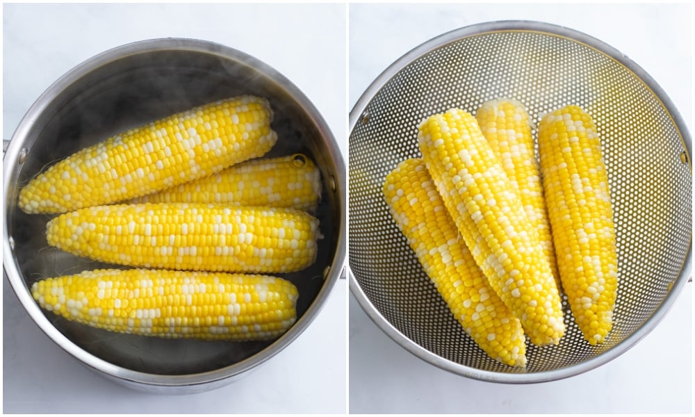 Corn on the cob in a steaming bow of water and corn in a colander.
