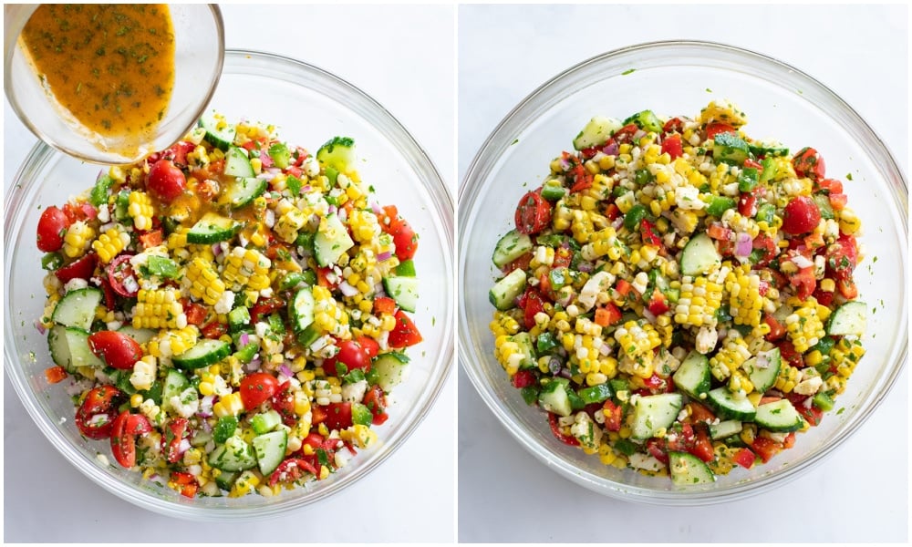 Adding dressing to Corn Salad and tossing to combine in a glass bowl.