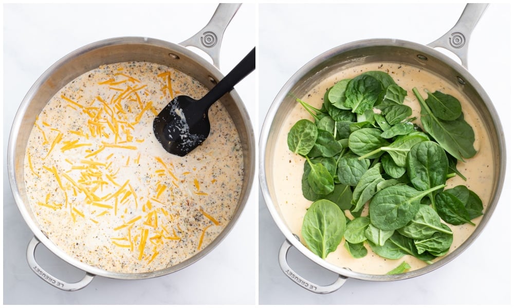 Adding cheese and spinach to a creamy cheese sauce to make Tuscan Mac and Cheese.