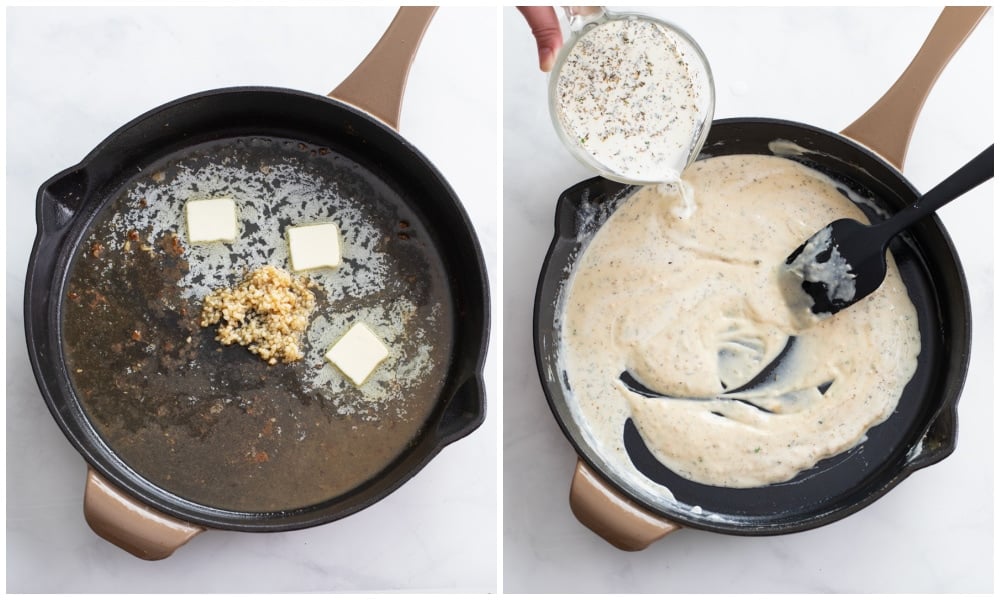 Making a white cheddar cheese sauce in a skillet with butter, garlic, flour, sauce, and seasonings.